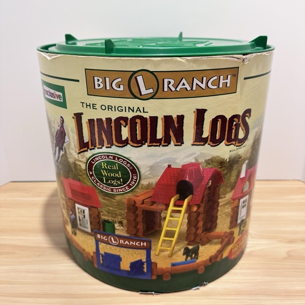 Lincoln Logs Big L Ranch Wood 150 Pieces w/Canister & Instructions Missing 2 PC
